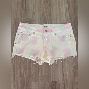 Y2K PINK VS Sequin Tie Dye Denim Shorts 💖 Low Rise Festival Style